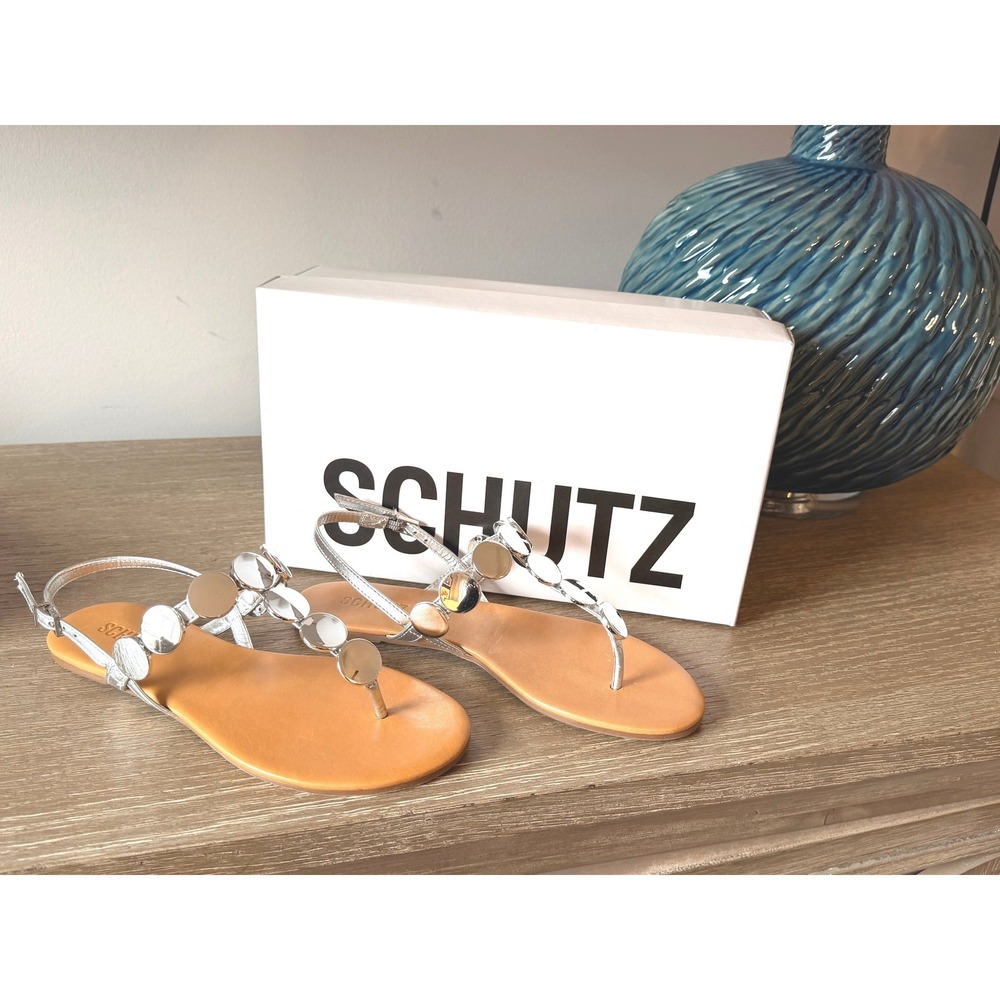 Schutz Acacia‎ T Strap Flat Sandals Womens Metallic Silver 6.5B S0143003660002U